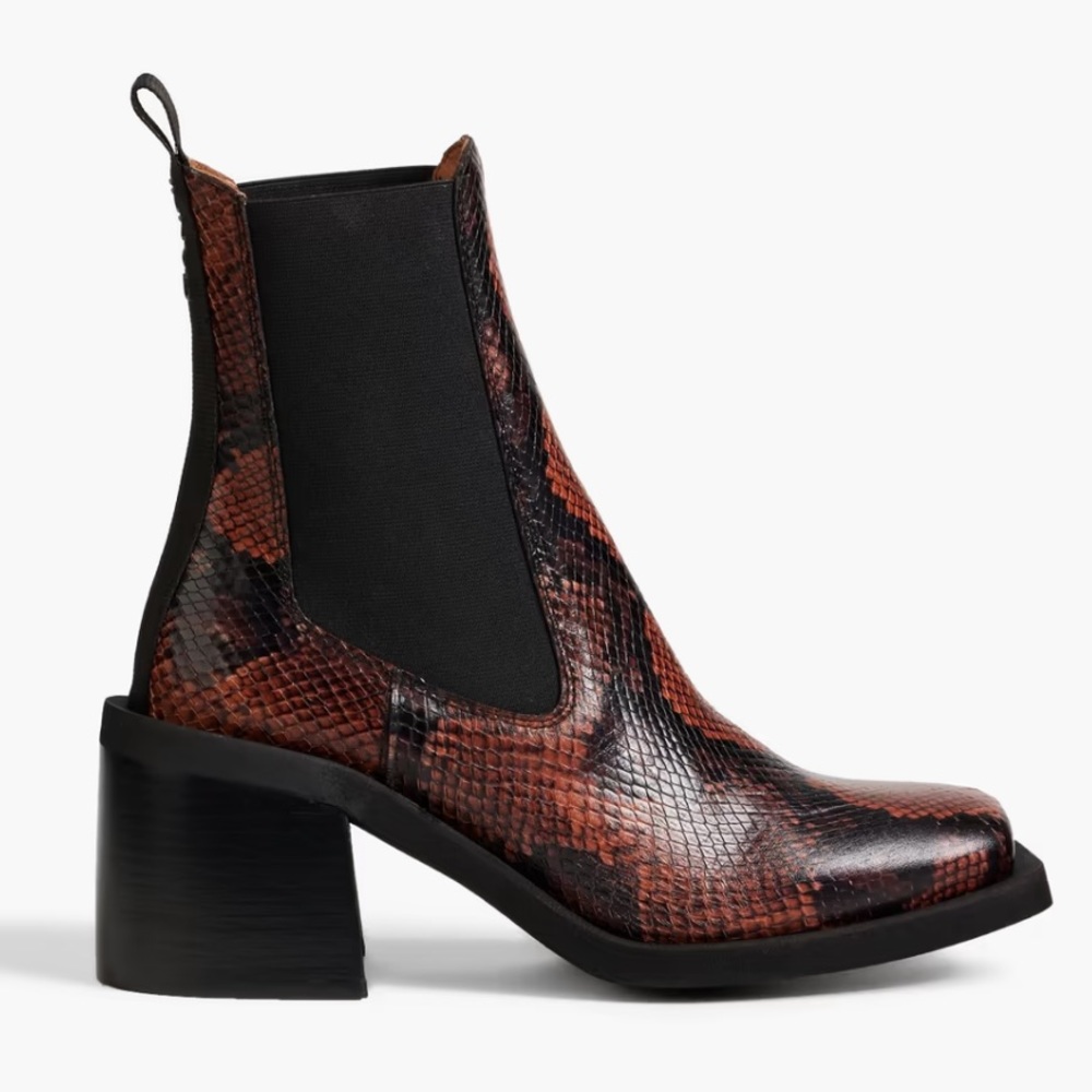 NEW GANNI Snake-effect leather Chelsea boots animal print brown 39 9 square toe